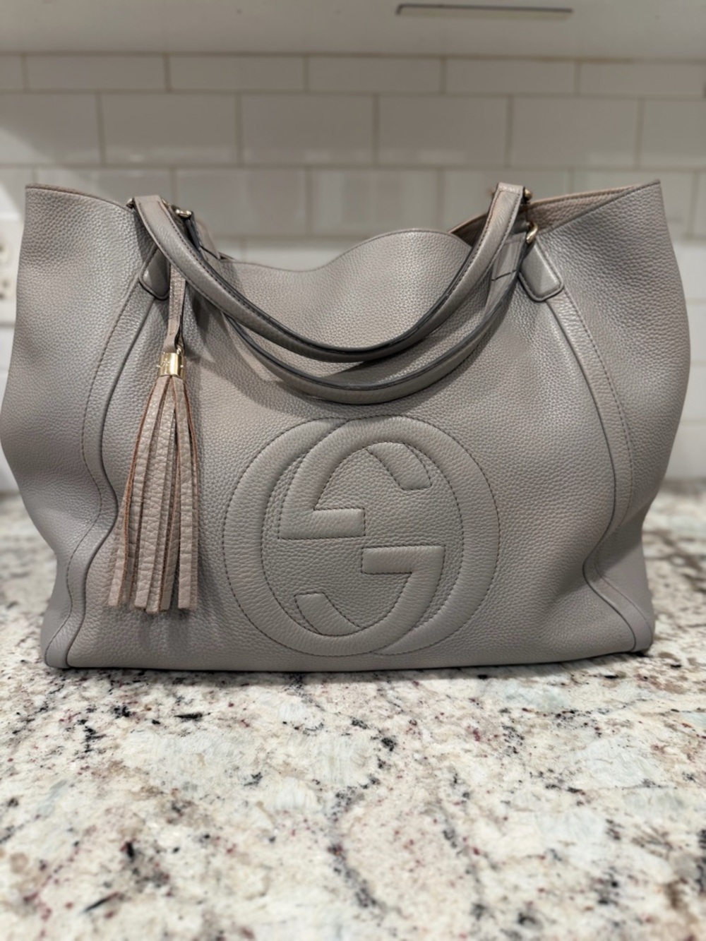 Gucci Grey Pebbled Leather Tote with Tassel Charm